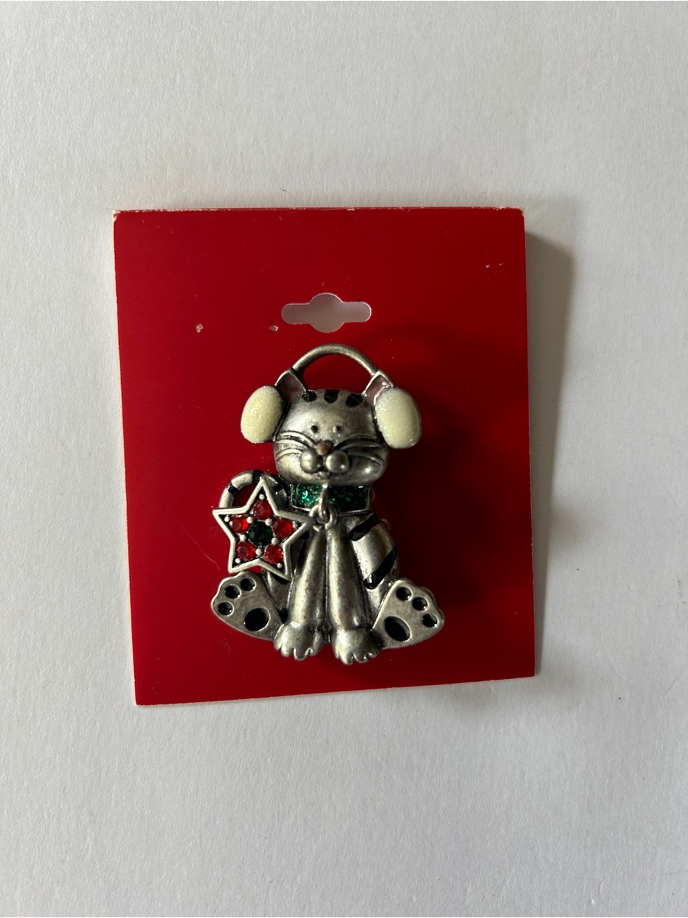Kohl's Silver Cat Pin with Red Star and Green Collar